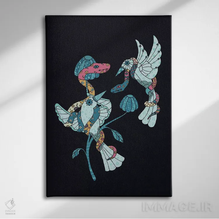 تابلو مینیمال پرندگان و مارها اثر نینهول - نمای روبهرو روی دیوار