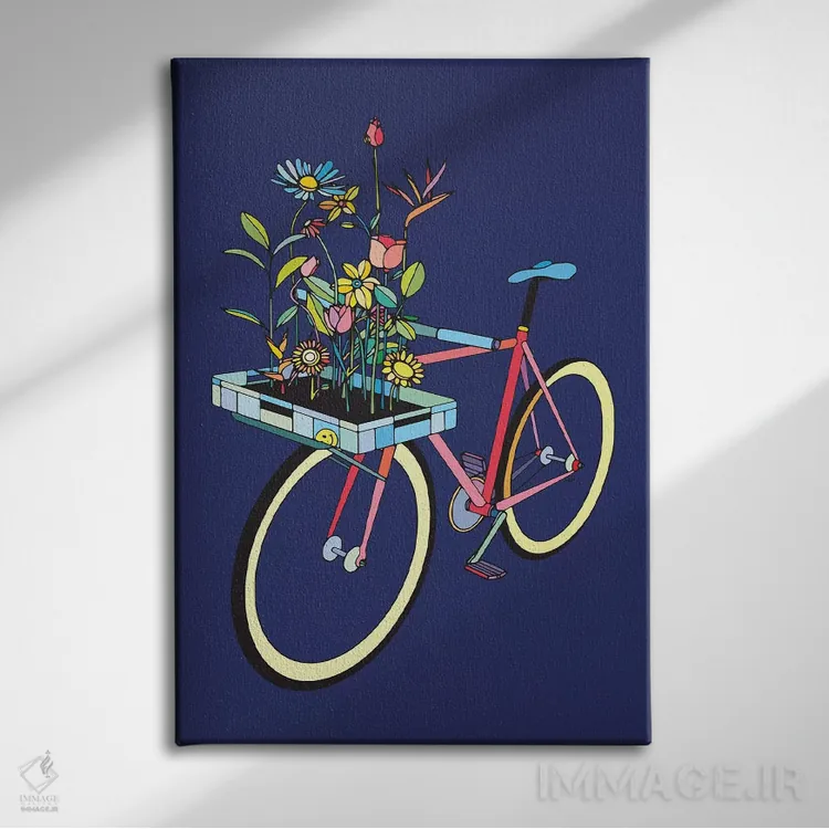 تابلو مینیمال دوچرخه و گل ها اثر نینهول - نمای روبهرو روی دیوار