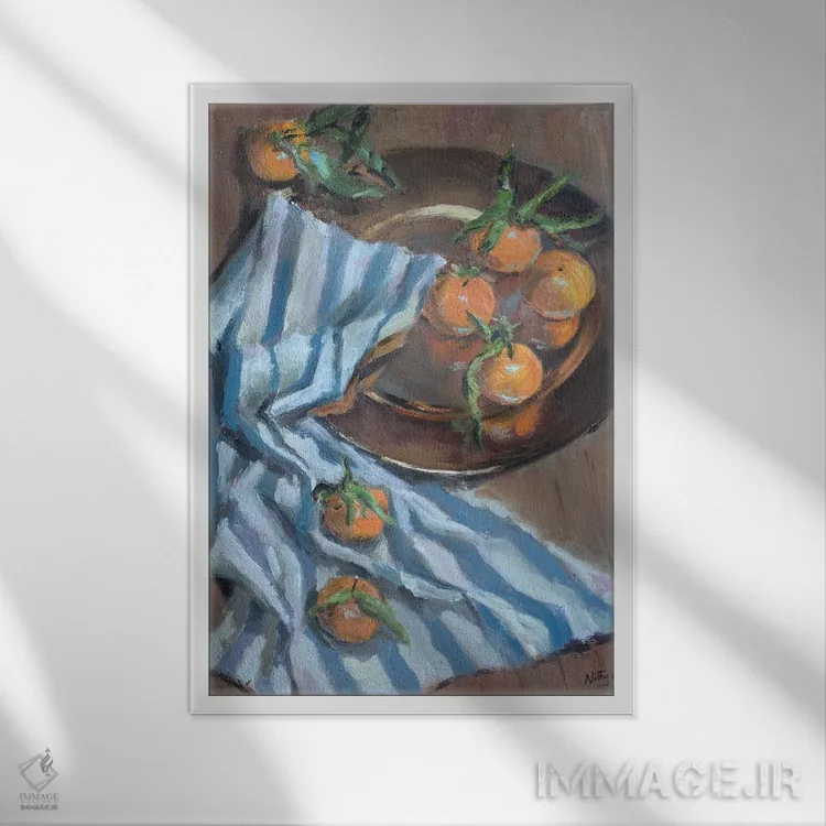 تابلو دکوراتیو پرتقال ها و پارچه اثر نیتیا سوامیناتان - نمای قابدار سفید