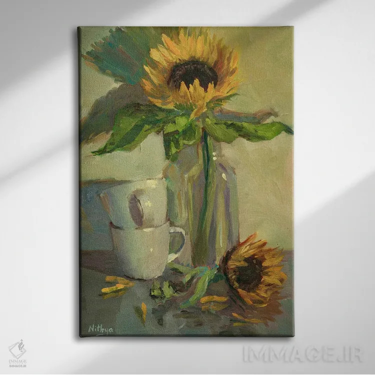 تابلو دکوراتیو آفتابگردان در بطری اثر نیتیا سوامیناتان - نمای روبهرو روی دیوار