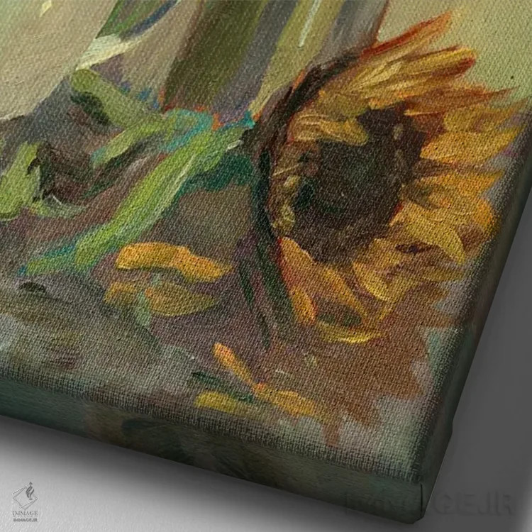 تابلو دکوراتیو آفتابگردان در بطری اثر نیتیا سوامیناتان - نمای نزدیک بافت بوم