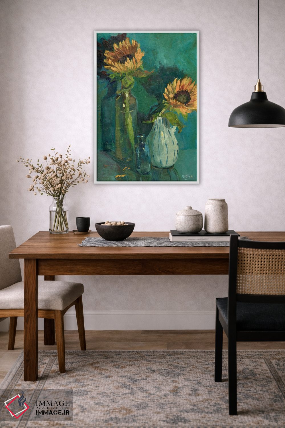 تابلو دکوراتیو آفتابگردان ها روی زمینه آبی اثر نیتیا سوامیناتان - D5W