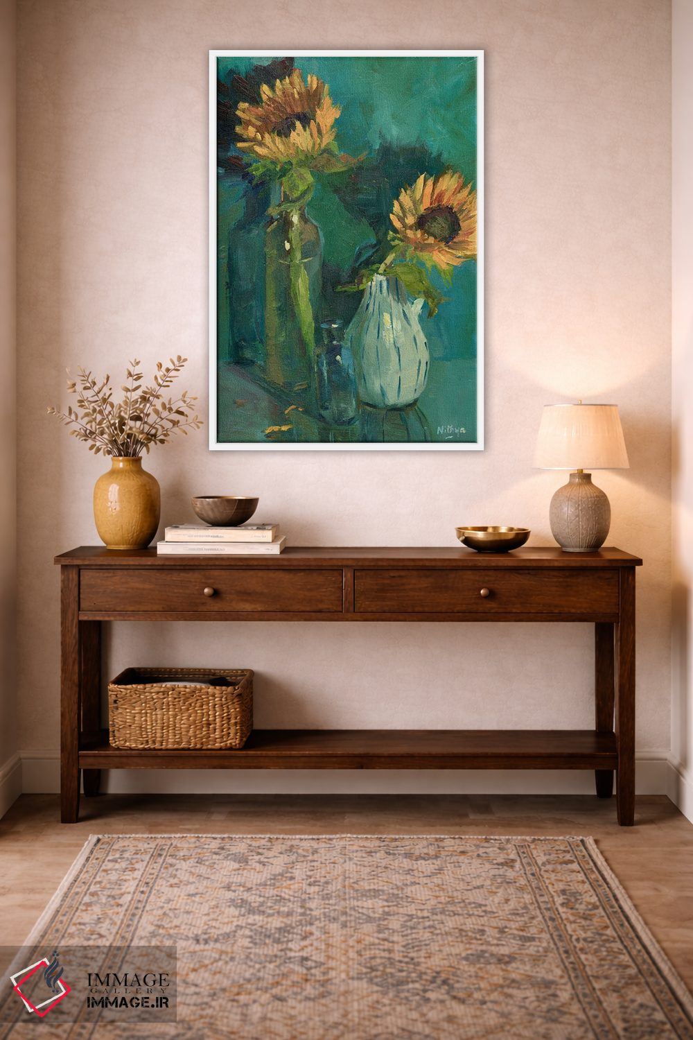 تابلو دکوراتیو آفتابگردان ها روی زمینه آبی اثر نیتیا سوامیناتان - D4W