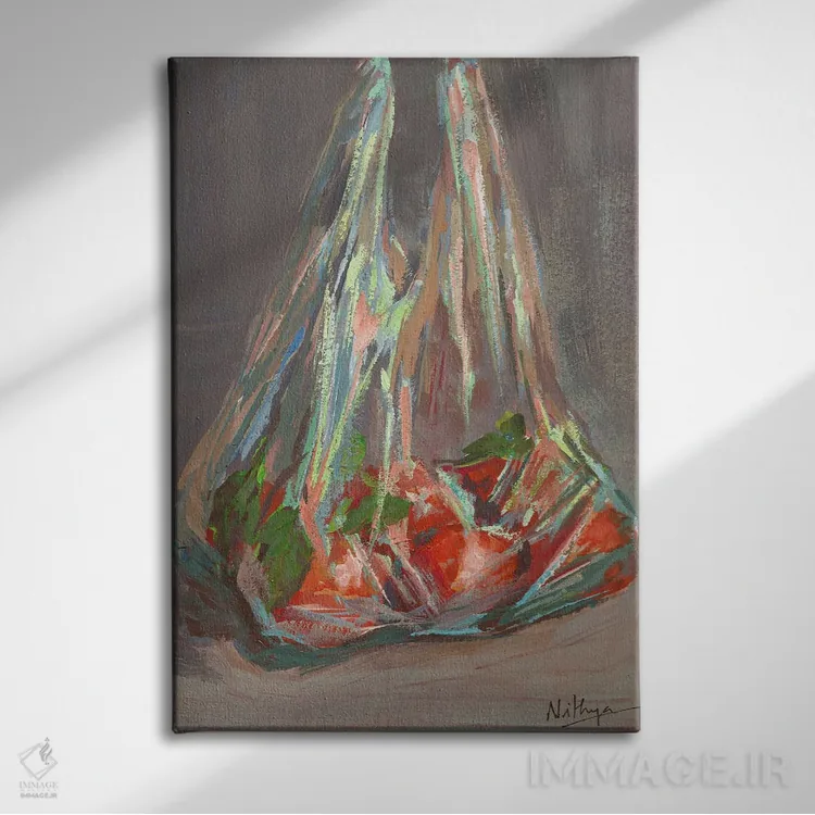 تابلو دکوراتیو پرتقال ها در کیسه اثر نیتیا سوامیناتان - نمای روبهرو روی دیوار