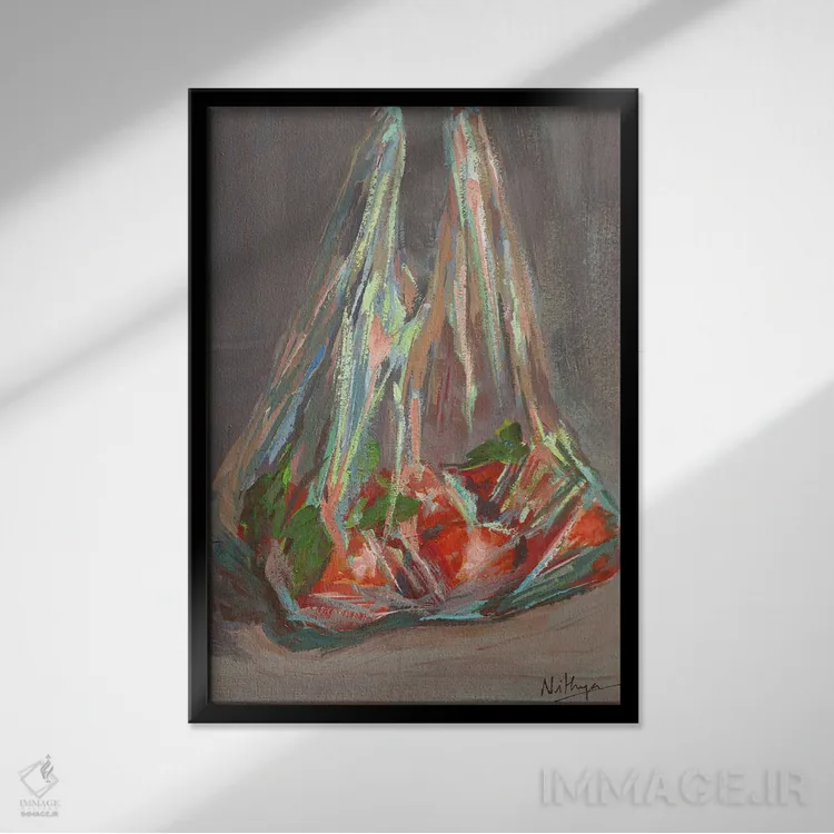 تابلو دکوراتیو پرتقال ها در کیسه اثر نیتیا سوامیناتان - نمای قابدار مشکی