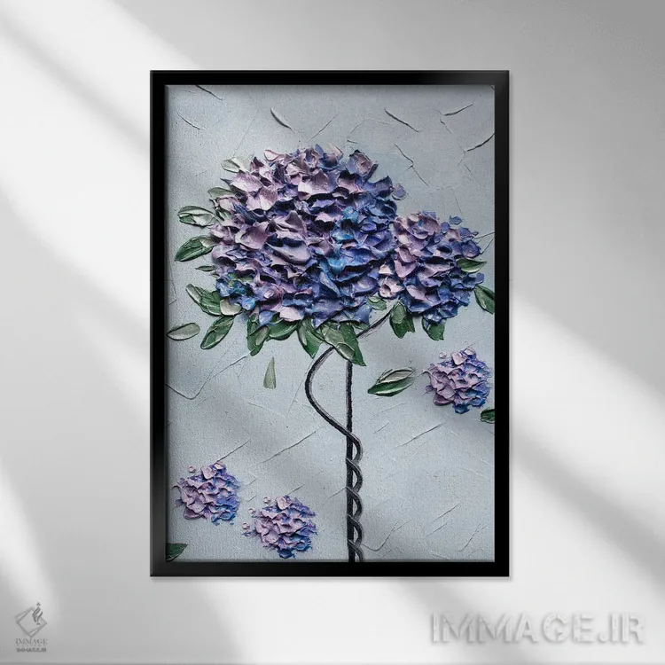 تابلو دکوراتیو گل ادریسی آبی اثر ندا خطیب - نمای قابدار مشکی