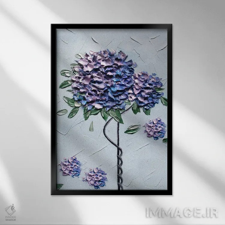 تابلو دکوراتیو گل ادریسی آبی اثر ندا خطیب - نمای قابدار مشکی