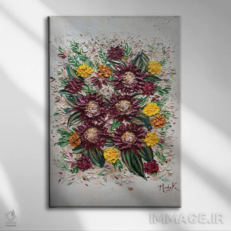 تابلو دکوراتیو گل های پاییزی روز شکرگزاری اثر ندا خطیب - نمای روبهرو روی دیوار