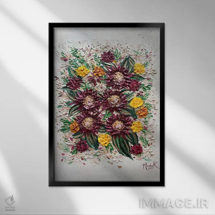 تابلو دکوراتیو گل های پاییزی روز شکرگزاری اثر ندا خطیب - نمای قابدار مشکی