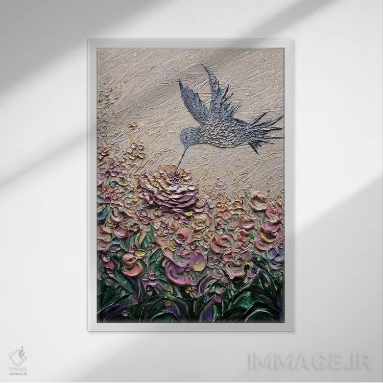 تابلو دکوراتیو بوسه مرغ مگس خوار اثر ندا خطیب - نمای قابدار سفید