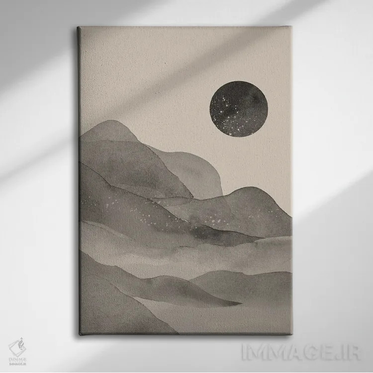 تابلو مینیمال منظره بژ و مشکی اثر نیکی - نمای روبهرو روی دیوار