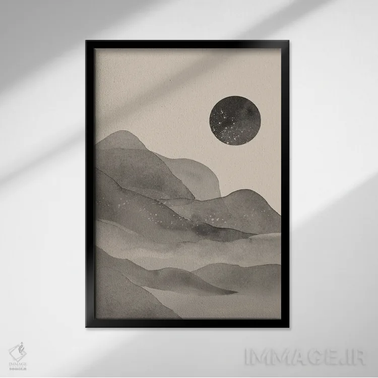 تابلو مینیمال منظره بژ و مشکی اثر نیکی - نمای قابدار مشکی