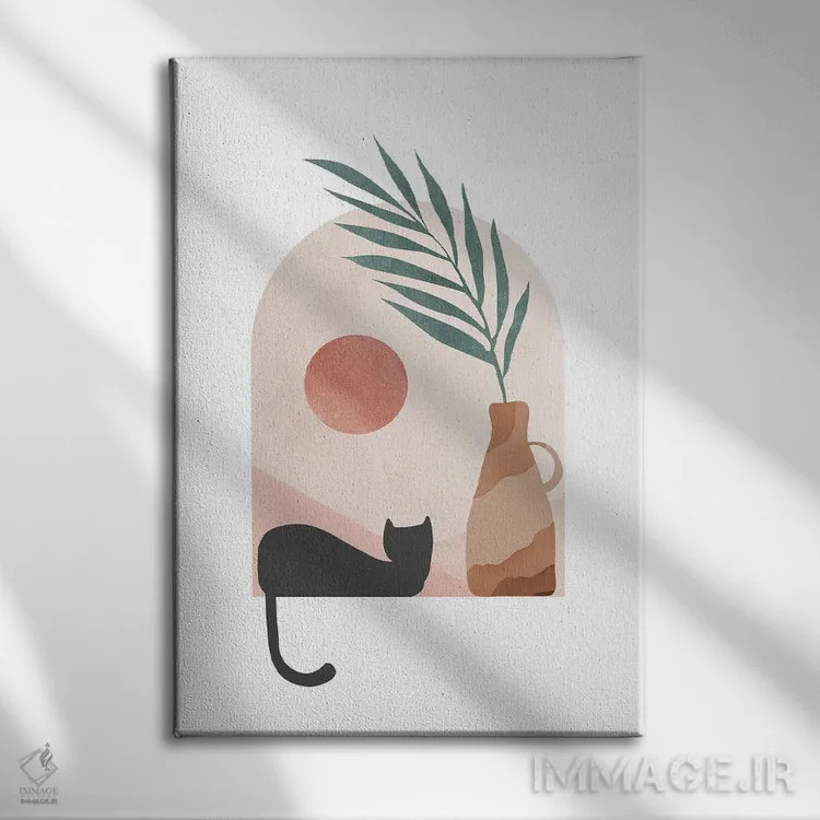 تابلو مینیمال گربه سیاه در محیط گرمسیری اثر نیکی - نمای روبهرو روی دیوار