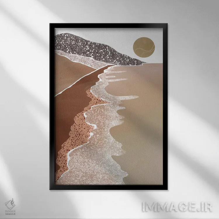 تابلو مینیمال نمای دریا به رنگ بژ و قهوه ای اثر نیکی - نمای قابدار مشکی