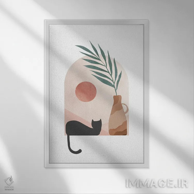 تابلو مینیمال گربه سیاه در محیط گرمسیری اثر نیکی - نمای قابدار سفید