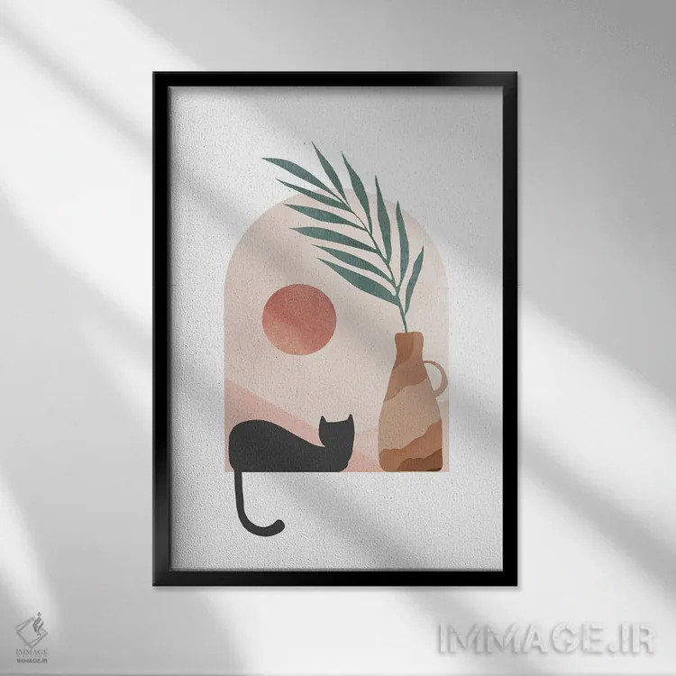 تابلو مینیمال گربه سیاه در محیط گرمسیری اثر نیکی - نمای قابدار مشکی