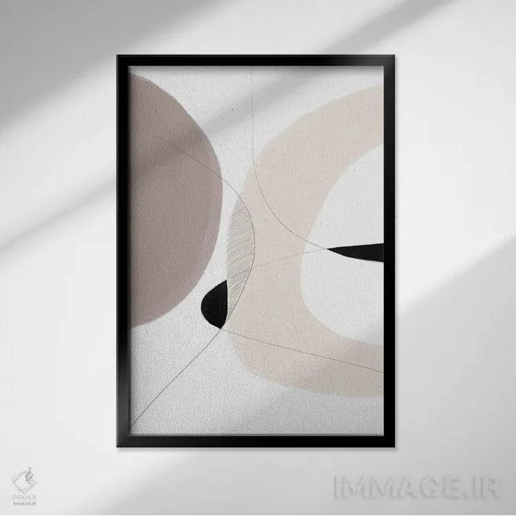 تابلو مینیمال انتزاعی بژ و سفید اثر نیکی - نمای قابدار مشکی