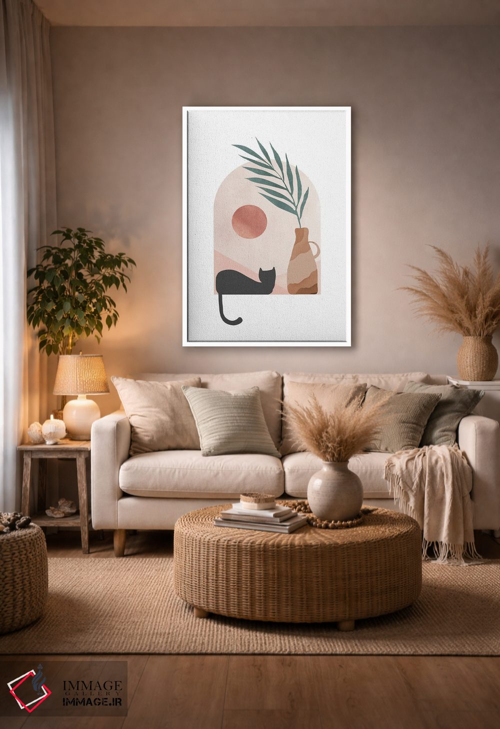 تابلو مینیمال گربه سیاه در محیط گرمسیری اثر نیکی - D4W