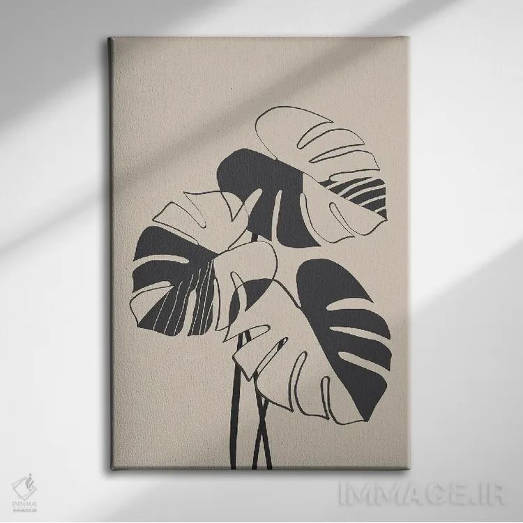 تابلو مینیمال گیاهان مونسترا مشکی اثر نیکی - نمای روبهرو روی دیوار