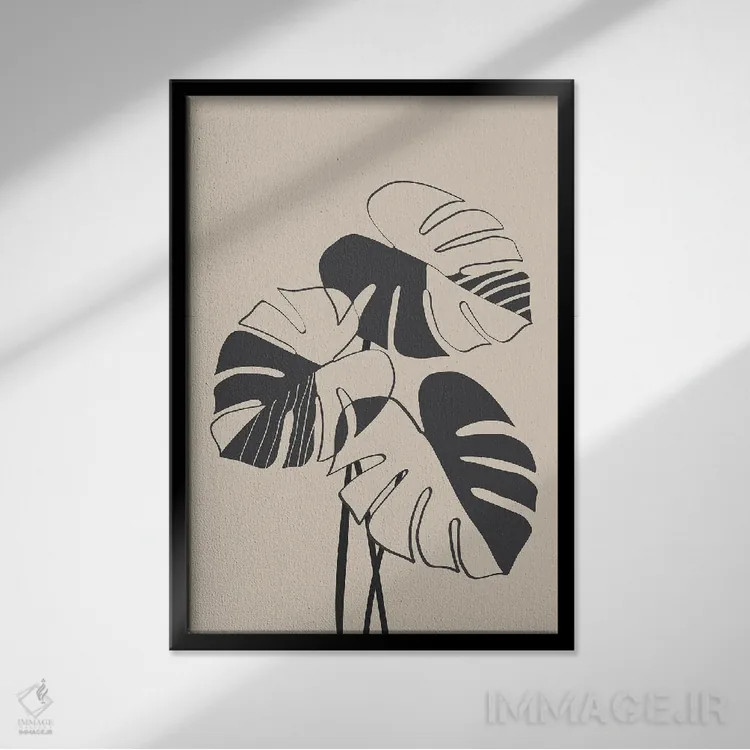 تابلو مینیمال گیاهان مونسترا مشکی اثر نیکی - نمای قابدار مشکی