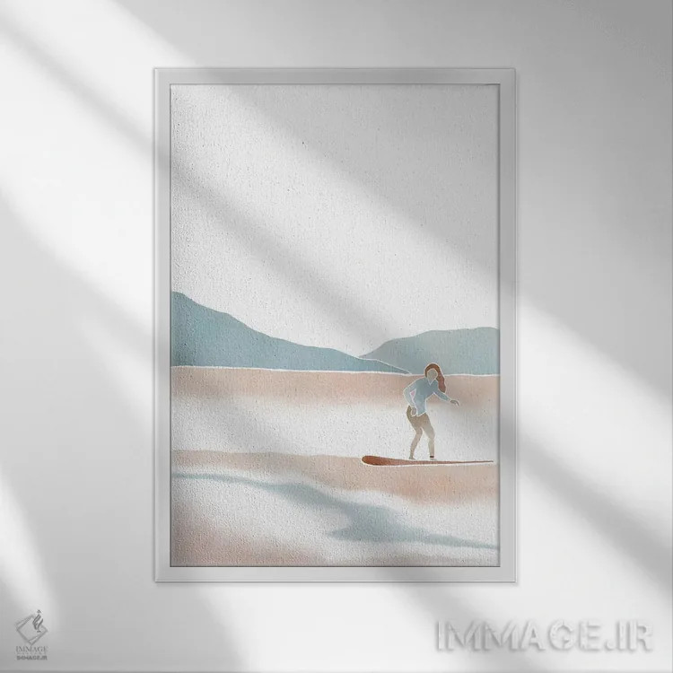 تابلو مینیمال زن موج سوار اثر نیکی - نمای قابدار سفید