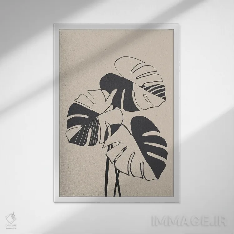 تابلو مینیمال گیاهان مونسترا مشکی اثر نیکی - نمای قابدار سفید