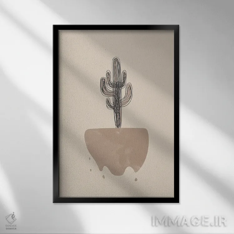 تابلو مینیمال کاکتوس بژ و مشکی اثر نیکی - نمای قابدار مشکی