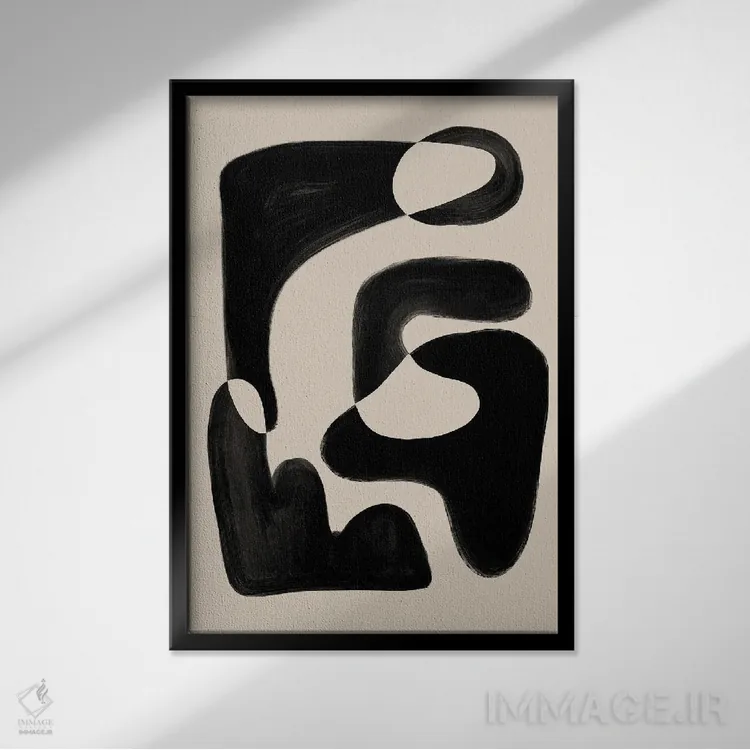 تابلو مینیمال شکل انتزاعی بژ و مشکی اثر نیکی - نمای قابدار مشکی