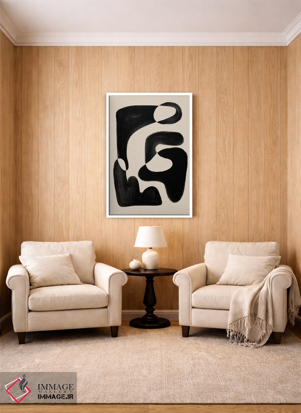 تابلو مینیمال شکل انتزاعی بژ و مشکی اثر نیکی - D1W