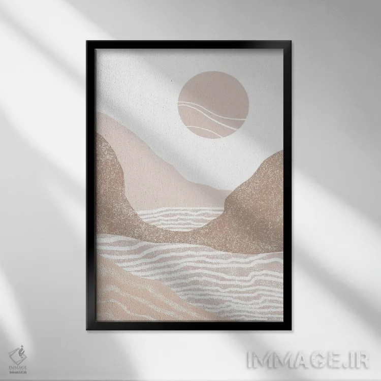 تابلو مینیمال طلوع آفتاب کنار ساحل اثر نیکی - نمای قابدار مشکی