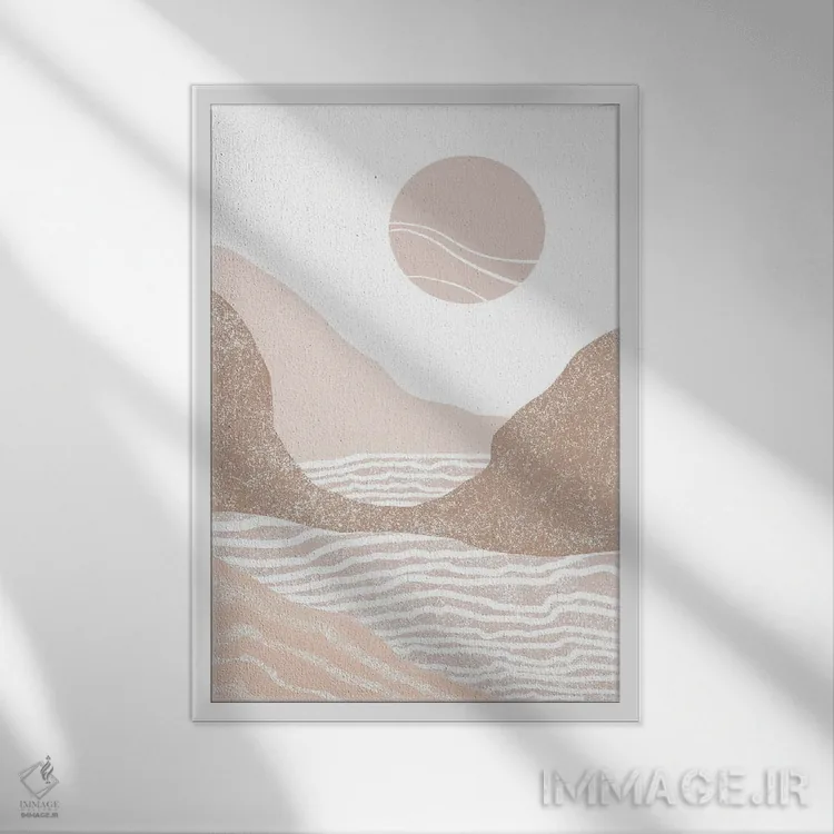 تابلو مینیمال طلوع آفتاب کنار ساحل اثر نیکی - نمای قابدار سفید