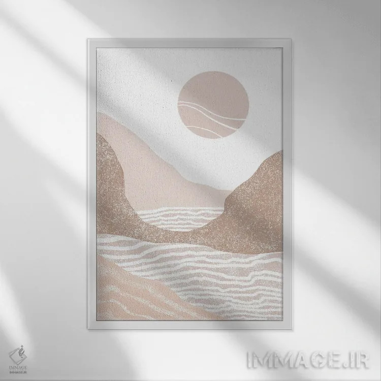 تابلو مینیمال طلوع آفتاب کنار ساحل اثر نیکی - نمای قابدار سفید