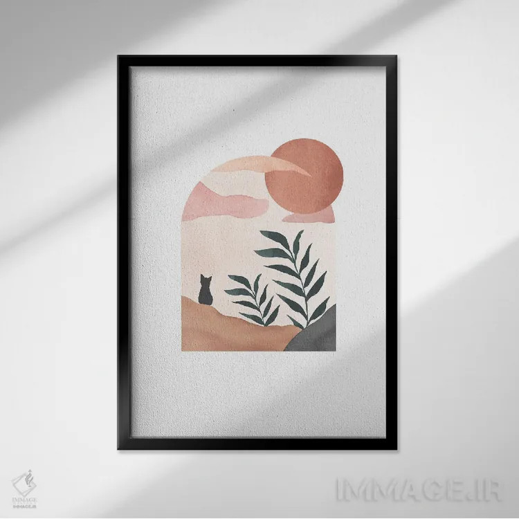 تابلو مینیمال گربه روی منظره اثر نیکی - نمای قابدار مشکی