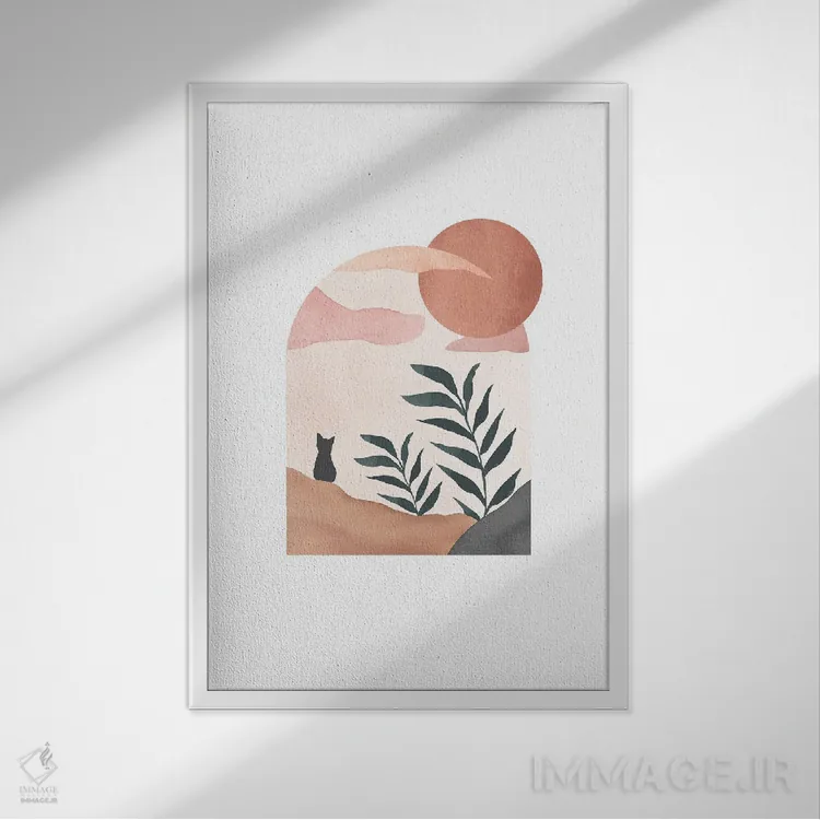 تابلو مینیمال گربه روی منظره اثر نیکی - نمای قابدار سفید