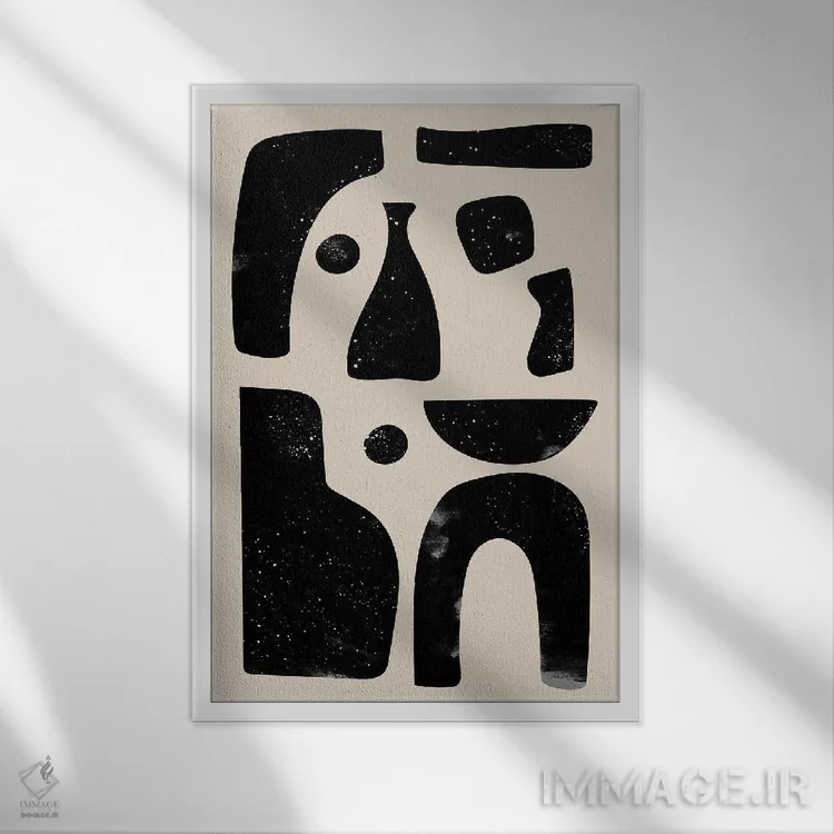 تابلو انتزاعی اشکال هندسی مشکی اثر نیکی - نمای قابدار سفید