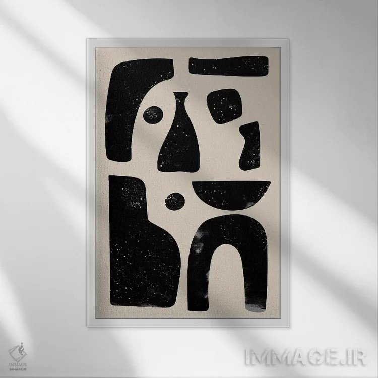 تابلو انتزاعی اشکال هندسی مشکی اثر نیکی - نمای قابدار سفید