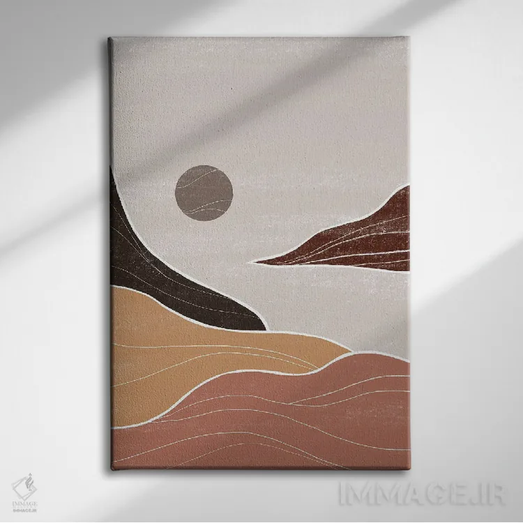 تابلو مینیمال منظره دریایی قهوه ای و خاکستری اثر نیکی - نمای روبهرو روی دیوار