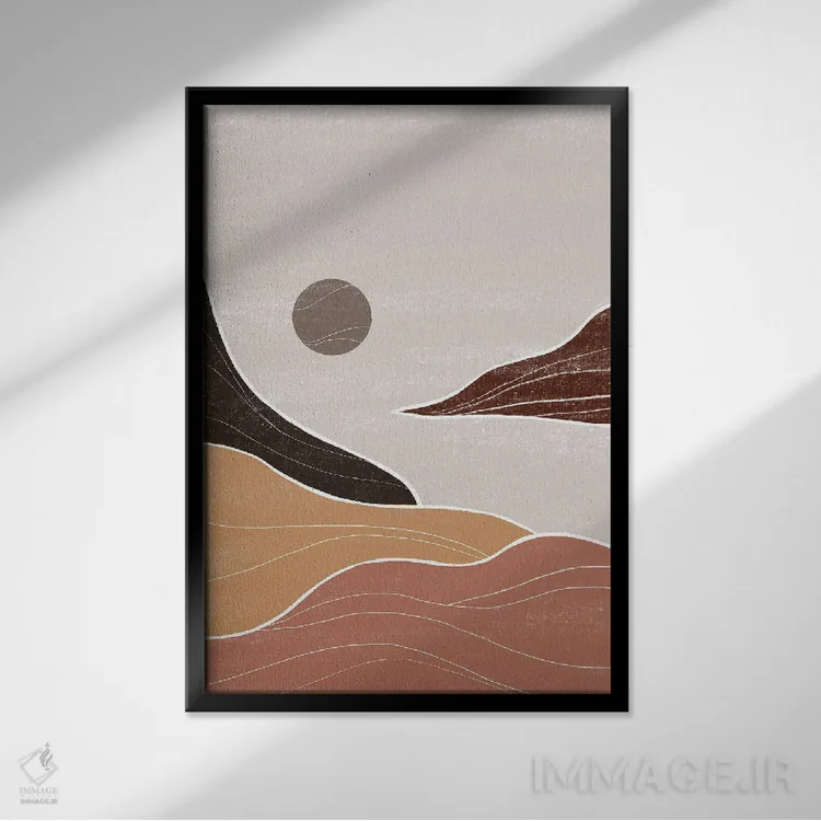 تابلو مینیمال منظره دریایی قهوه ای و خاکستری اثر نیکی - نمای قابدار مشکی