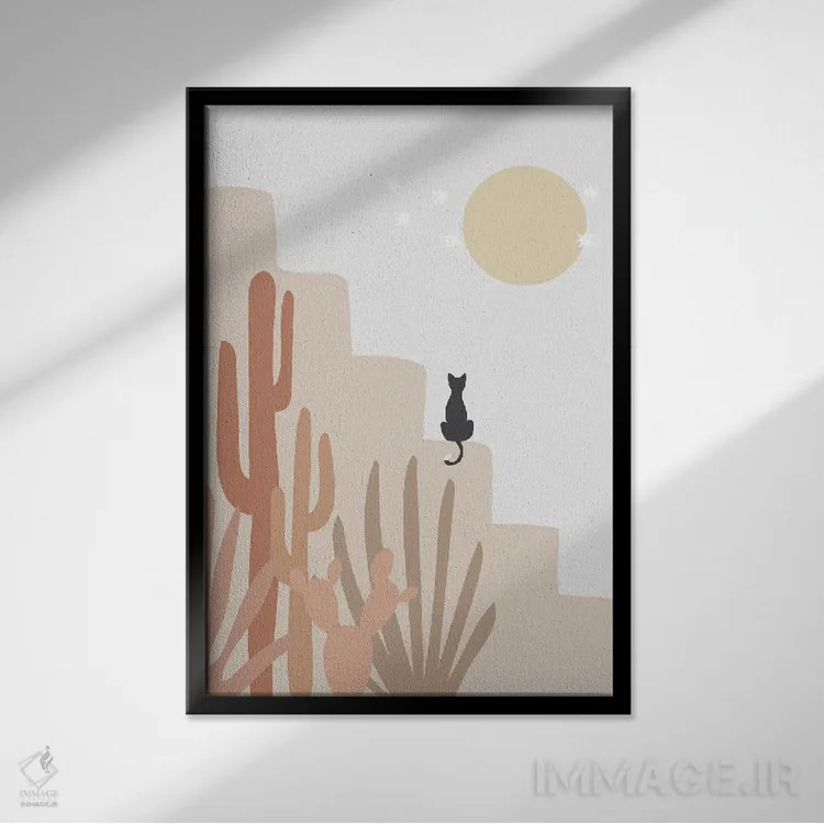 تابلو مینیمال کاکتوس و گربه اثر نیکی - نمای قابدار مشکی