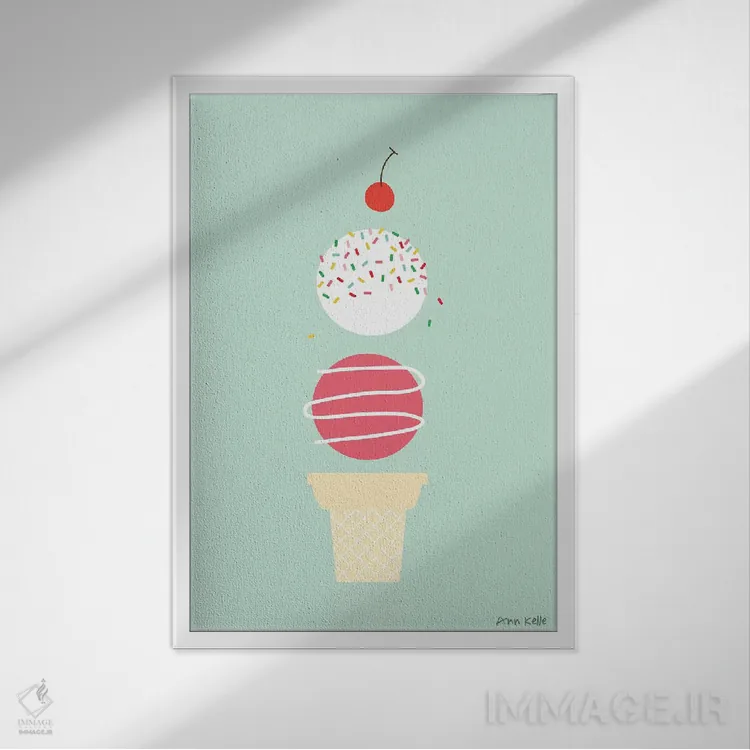 تابلو مینیمال بستنی و گیلاس اثر آن کله - نمای قابدار سفید