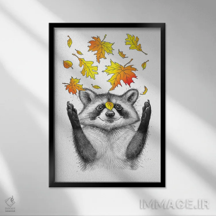 تابلو دکوراتیو راکون پاییزی اثر نیکیتا کورنکوف - نمای قابدار مشکی