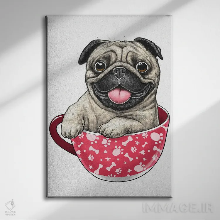 تابلو دکوراتیو پاگ درون فنجان اثر نیکیتا کورنکوف - نمای روبهرو روی دیوار