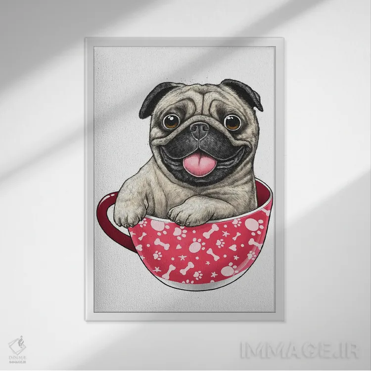 تابلو دکوراتیو پاگ درون فنجان اثر نیکیتا کورنکوف - نمای قابدار سفید