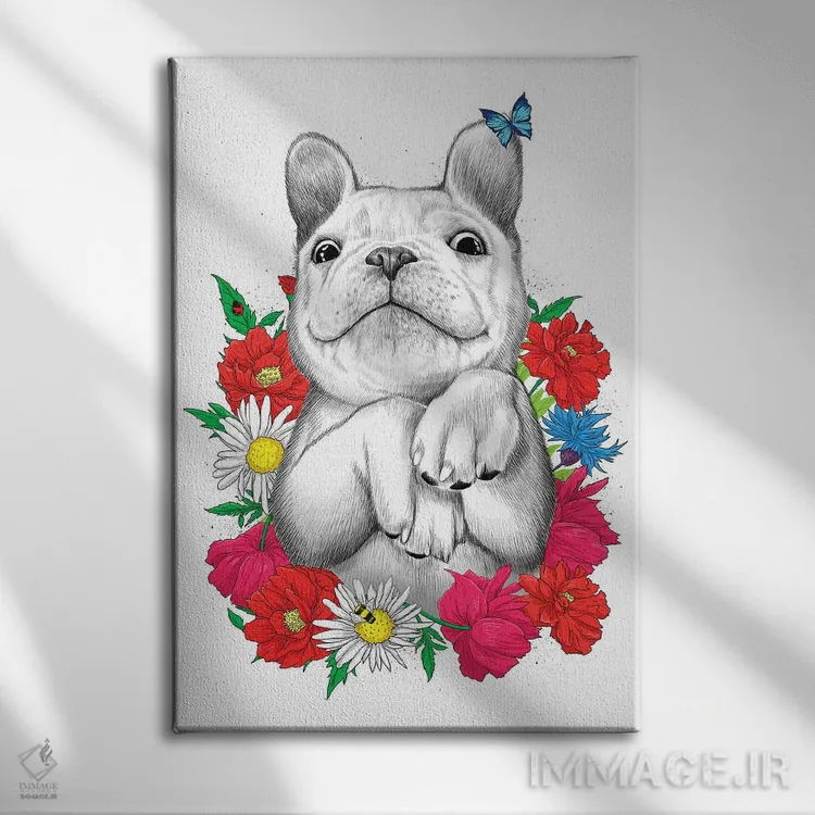 تابلو دکوراتیو سگ میان گل ها اثر نیکیتا کورنکوف - نمای روبهرو روی دیوار