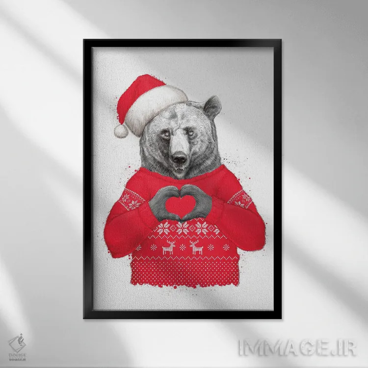 تابلو دکوراتیو خرس کریسمس دو اثر نیکیتا کورنکوف - نمای قابدار مشکی
