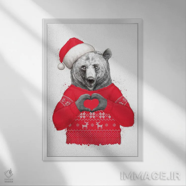 تابلو دکوراتیو خرس کریسمس دو اثر نیکیتا کورنکوف - نمای قابدار سفید