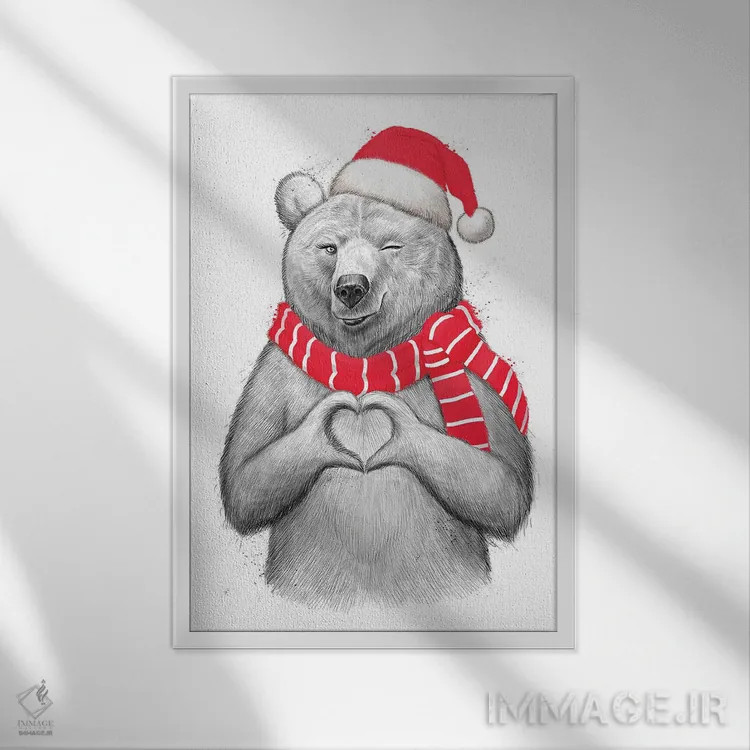 تابلو دکوراتیو خرس کریسمس یک اثر نیکیتا کورنکوف - نمای قابدار سفید