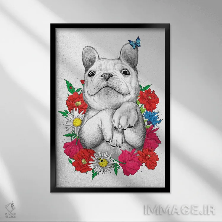 تابلو دکوراتیو سگ میان گل ها اثر نیکیتا کورنکوف - نمای قابدار مشکی