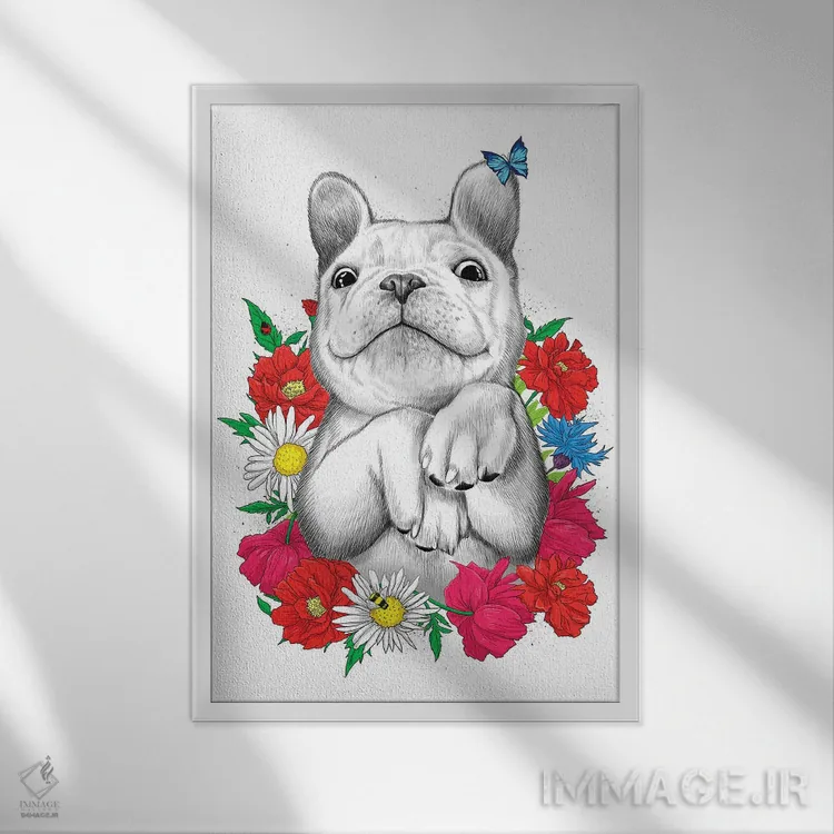 تابلو دکوراتیو سگ میان گل ها اثر نیکیتا کورنکوف - نمای قابدار سفید