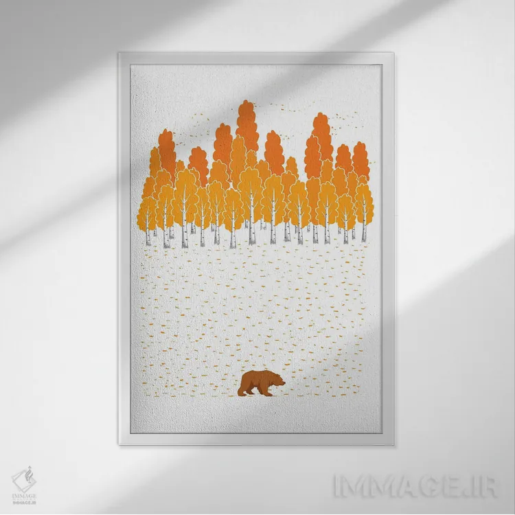 تابلو دکوراتیو درخت غان و خرس اثر نیکیتا کورنکوف - نمای قابدار سفید